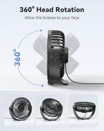 Edvision small portable cooling fan tilted upward demonstrating the full three hundred and sixty degree vertical rotation feature.
