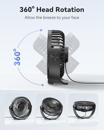 Edvision small portable cooling fan tilted upward demonstrating the full three hundred and sixty degree vertical rotation feature.