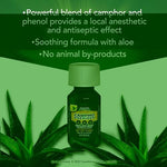 Back label of Campho Phenique antiseptic liquid showing active ingredients camphor and phenol