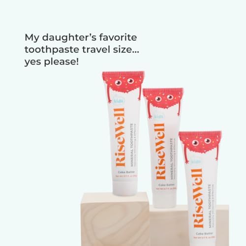 RiseWell Kids natural remineralizing toothpaste in cake batter flavor for enamel repair.