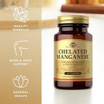 Close up of Solgar Chelated Manganese label detailing ingredients and vegan certification