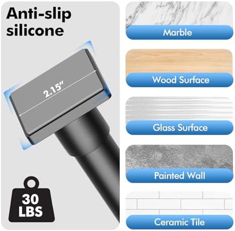 CorkLatta black shower rod showing non-slip rubber end pad