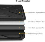 Angled view of an eleven inch tablet being securely inserted into the open SITHON hard shell bag.