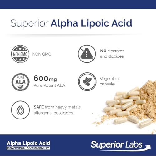 Close up of Superior Labs Alpha Lipoic Acid 600mg vegetarian capsules
