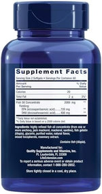 Life Extension Mega EPA DHA Omega 3 supplement facts label highlighting 720 mg EPA and 480 mg DHA per serving.