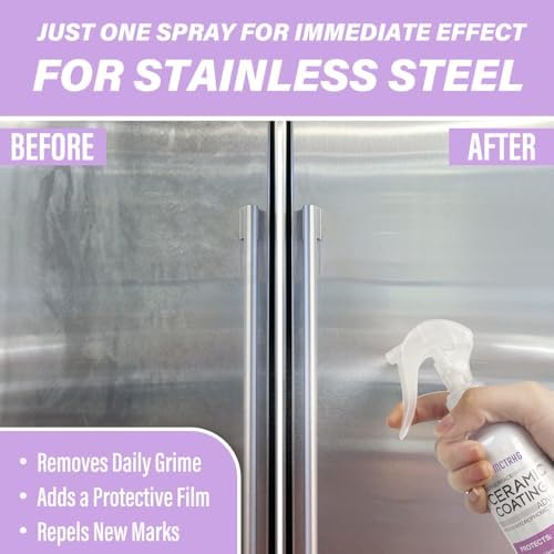 Applying Mctrhg ceramic spray to a stainless steel refrigerator door
