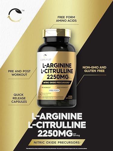 Close up of Carlyle L-Arginine L-Citrulline capsules