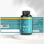 Side angle of Primal Harvest Omega 3 dietary supplement bottle showcasing the cardiovascular and cognitive health benefits.