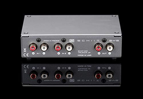 Schiit SYS passive preamplifier setup diagram illustrating connections between a DAC and active monitors.