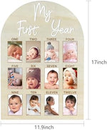 Natural wooden monthly milestone photo board styled as a first birthday party decoration.