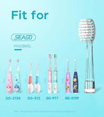 Close up of soft white DuPont bristles on SEAGO children's electric toothbrush heads.