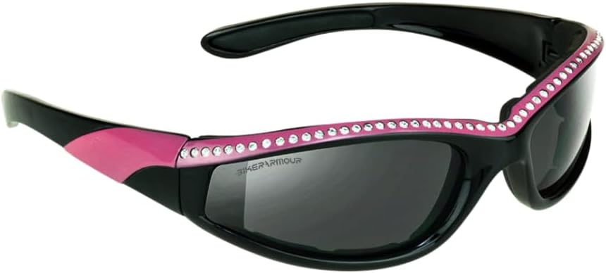 Bikershades rhinestone motorcycle safety sunglasses front view featuring black frame with pink accents and rhinestone detailing.