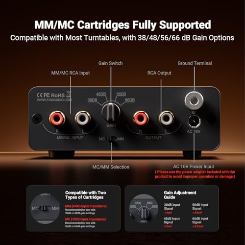 Fosi Audio Box X5 record player preamp connected to an active speaker system setup