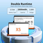 Two pack of high capacity 2800mAh camera batteries standing next to the closed intelligent storage case.