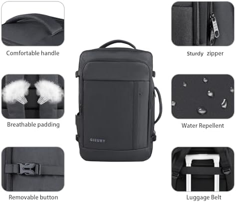 Gieury black weekender daypack with side view showing expansion zip from 40L to 50L