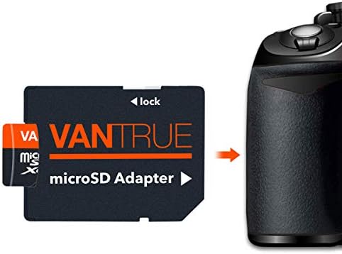 Vantrue high speed transfer storage card held next to a compact dashboard camera device.