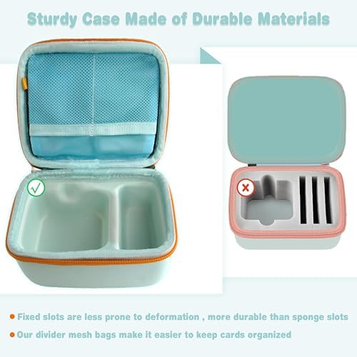 Removable mesh pockets filled with children audiobook cards inside the protective carrier