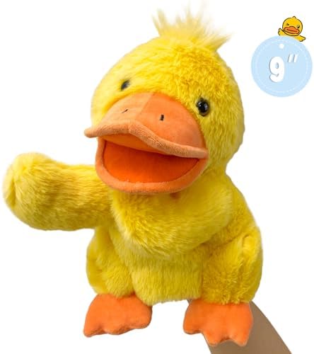 Child playing with Okegztoa yellow duck hand puppet