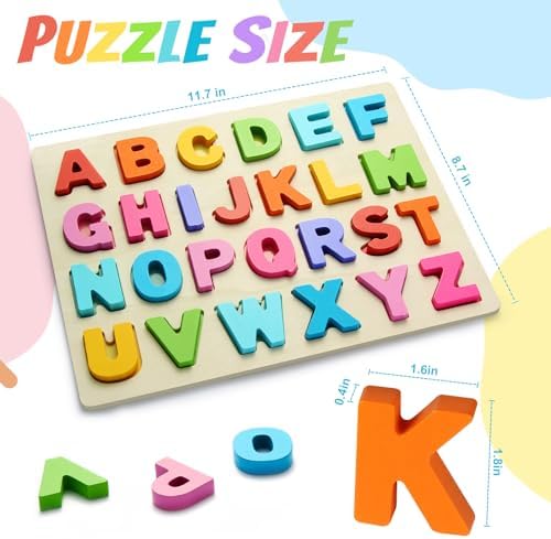 Close up of a child hand holding a bright red wooden letter piece from the Jolsnaf ABC puzzle set.