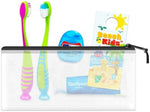 TSA friendly dental travel set for boys and girls with transparent storage bag.
