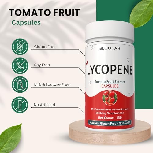 Bloofah Lycopene 180 capsules packaging details emphasizing non-GMO and gluten free certifications.