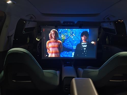 FEIJAZUM mini car theater setup showing projector alignment with the forty inch drop down screen