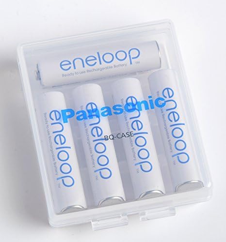 Clear grey Panasonic Eneloop storage case holding four Double A rechargeable cells.