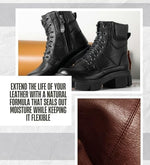 Beeswax leather protectant bundle demonstrating smooth application on outdoor winter boots