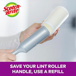Scotch-Brite lint roller being used on a black suit jacket to remove white dog hair.
