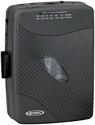 Jensen walkman style cassette player with the tape door open for loading.