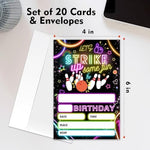Wybgno neon party invitations spread out with matching white envelopes on a clean surface.