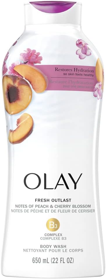 Olay fresh outlast peach and cherry blossom body wash front view bottle