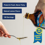 Carlson 1600 mg Omega 3 liquid supplement bottle highlighting the natural lemon flavor and premium wild caught sourcing.