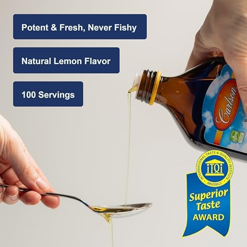 Carlson 1600 mg Omega 3 liquid supplement bottle highlighting the natural lemon flavor and premium wild caught sourcing.
