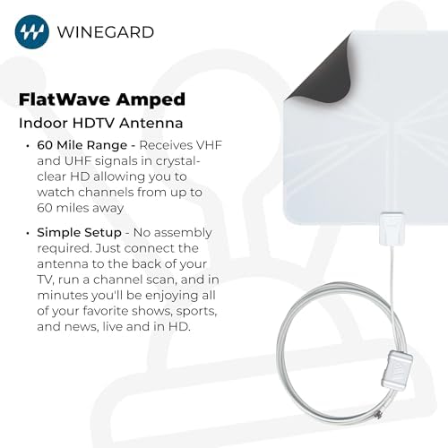 Winegard FlatWave digital TV antenna mounted on a window for optimal signal reception