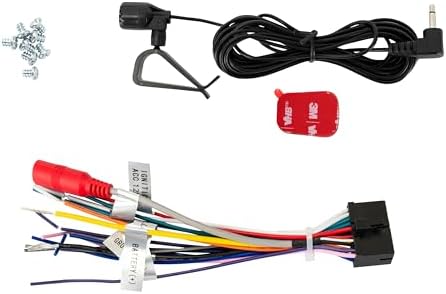 Jensen double DIN touch screen receiver showing packaging and included installation harness.