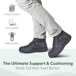 Side profile of black leather lace-up boots showing slip-resistant soles.
