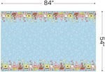 Close up view of the disposable rectangular tablecloth featuring SpongeBob and Patrick Star characters.