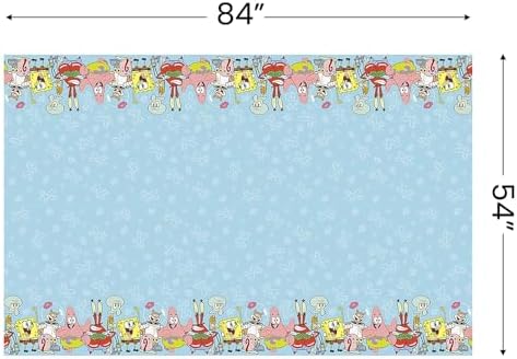 Close up view of the disposable rectangular tablecloth featuring SpongeBob and Patrick Star characters.