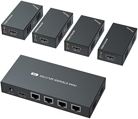 PWAYTEK 1x4 network extender kit showcasing the single power adapter and five piece device set