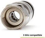 Coaxial compression connector compatible with quad shield and dual shield cables.