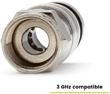 Coaxial compression connector compatible with quad shield and dual shield cables.
