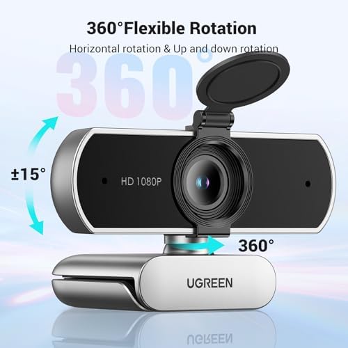 UGREEN laptop camera showing the three-hundred-and-sixty degree flexible gimbal ball rotation mechanism