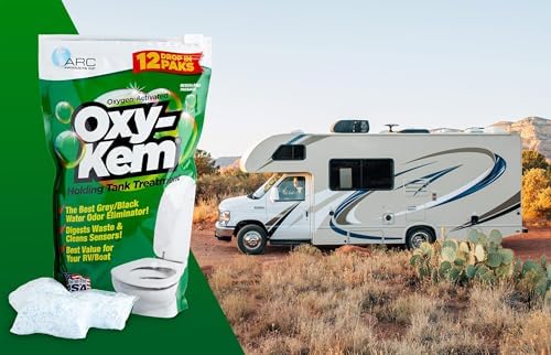 Oxy-Kem pods placed next to an RV toilet for demonstration