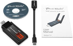 Close up view of the dual 5dBi external antennas on the black Panda Wireless AXE3000 network card