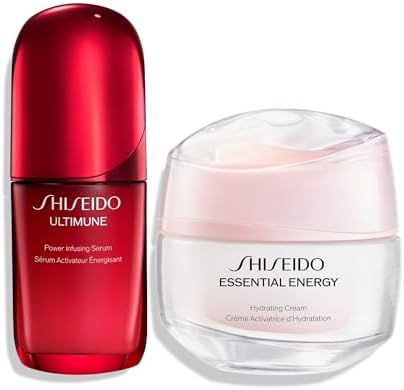 Shiseido Ultimune Serum and Essential Energy Cream skincare duo set front view showing packaging