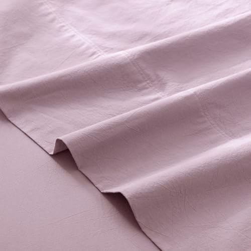 MooMee linen-like textured purple bed sheet styled neatly on a queen size bed.