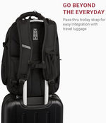 Rear view of SwissGear travel backpack displaying the ergonomic Airflow mesh padded back panel and integrated luggage trolley strap