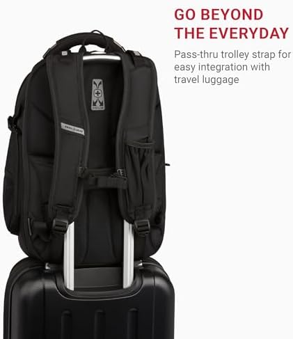 Rear view of SwissGear travel backpack displaying the ergonomic Airflow mesh padded back panel and integrated luggage trolley strap
