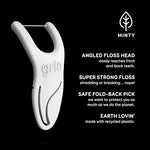 Safe soft fold-back toothpick feature on the handle of Grin flosser